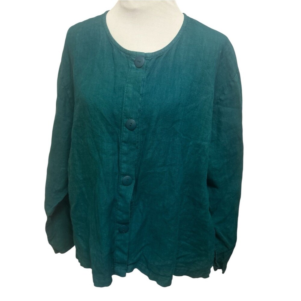 Vintage Trisha’s Green 100% Linen Button Up LS Top Made in USA Lagenlook 2XL